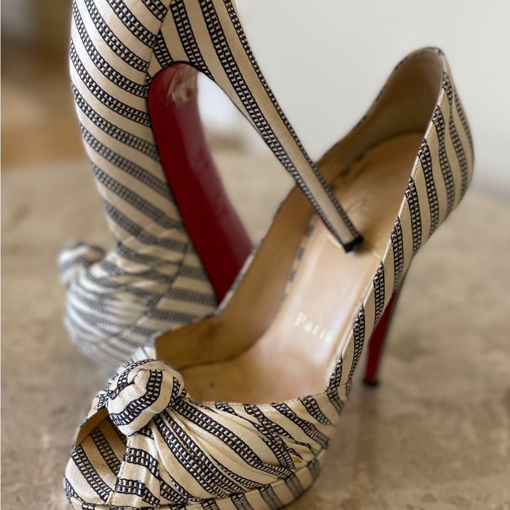 Christian Louboutin Peep-Toe Striped Heels.